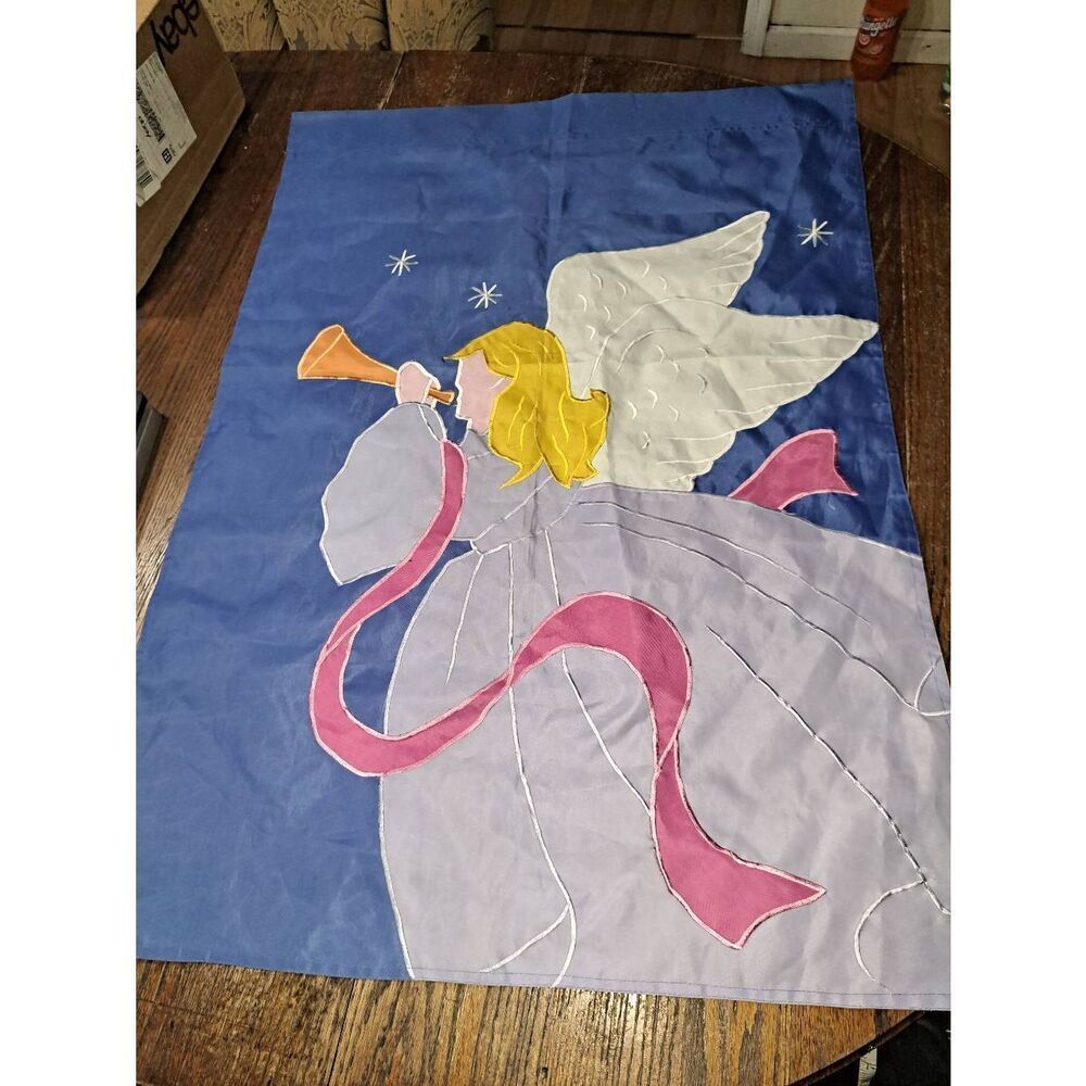 Vintage Christmas Holiday Angel with Stars and Horn House Flag 39"x28"